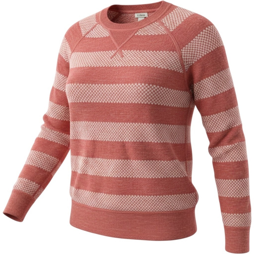 LL Bean Womens Organic Cotton Striped Crewneck Sweater Coral Pink White S 517154